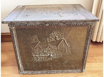 English Antique Embossed Copper Gilded Wood Tavern Firewood Box