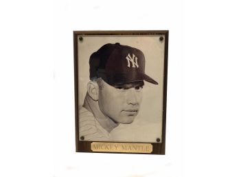 Mickey Mantle B/W Photo With Gold Engraved Plaque