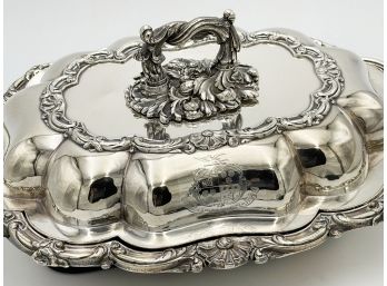 Silver-plated Mid 19th C Serving Plate/cover With Heraldic Crest 'Ardenter Prosequor Alis'