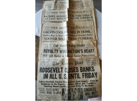 Five 1933 Newspapers: President Calvin Coolidge Death, Roosevelt Closes All U.S. Banks, Royalty Visit