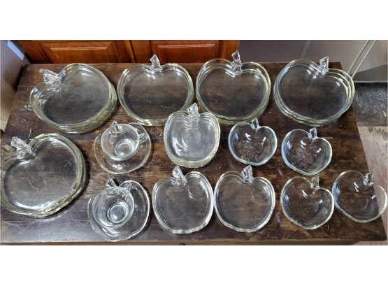 33 Pieces Of Vintage Thick Glass Apple- Shaped Partial Dish Set Ca 1960s. Lunch, Fruit Bowls, Cups, Saucers
