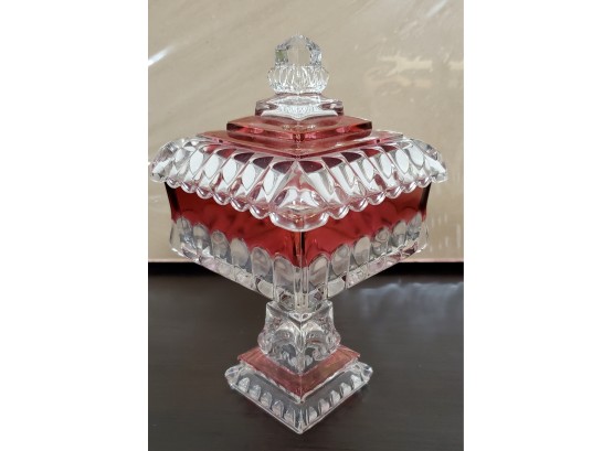 Vintage 1950s Ruby Flashed Compote With Pedestal & Lid - Kings Crown  Thumbprint  Anchor Hocking