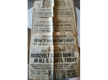 Five 1933 Newspapers: President Calvin Coolidge Death, Roosevelt Closes All U.S. Banks, Royalty Visit