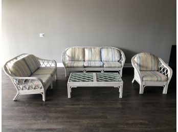 Lovey Rattan Patio Living Room Set - Couch, Love Seat, Arm Chair, Coffee Table & Colorful Cushions