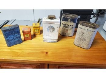5 Vintage Tins- Yardley English Lavender Talc Powder, 2 Instant Postum Cereal Bev, 2 Tea, 1 Edgeworth Tobacco