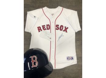 Josh Beckett Signed Boston Red Sox Pitcher Jersey #19 Majestic MLB Genuine Merchandise & Toy Helmet