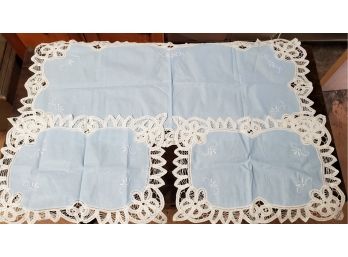 Vintage Hand- Made Linens - Light Blue & White Center Runner Lace 35' X 16' & Two Placemats 18' X 12'