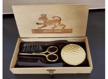 Vintage, Never Used, West Germany Grooming Kit In Wood Box - Double Mirror, Brush, Comb & Scissors