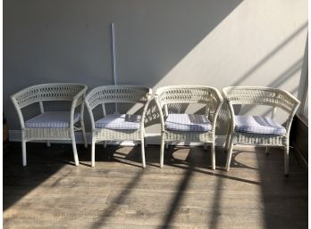 Set Of Four White Wicker Chairs With Cushions