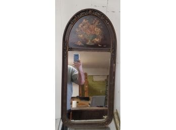 Antique Divided Wall Mirror With Hand Painted Flowers And A Decorated Wood Frame