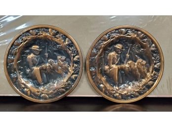 Two Copper Decorative Hunting Plates - Wall Hangers - English Man With 2 Hunting Dogs -one With Retrieved Duck