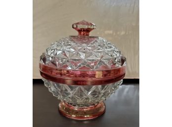 Vintage Ruby Flashed Diamond Pattern Glass Covered Candy Dish. Footed With Finial Handle