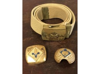 Two Vintage Brass Boy Scouts & Cub Scouts Of America Neckerchief Slides & Belt