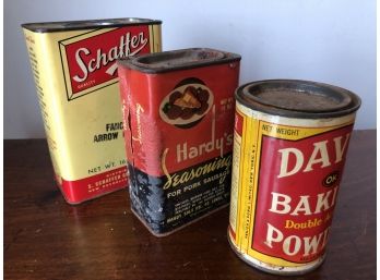 Three Vintage Spice Cans - Schaffer Fancy Arrow Root, Hardy's Seasoning For Pork Sausage, Davis Baking Powder