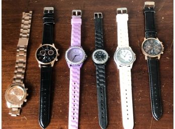 LOOK At -Six Sparkly & Fashionable Geneve Wristwatches - Rhinestones, Hot Violet & Cream Bands, 2 Stop Watches