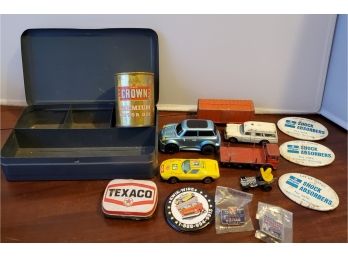 Lot Of Automobilia -toy Cars, Mini Crown Motor Oil Coin Bank,3 Mopar Pins, Texaco Magnet Tin,6 Toy Cars,3 Pins