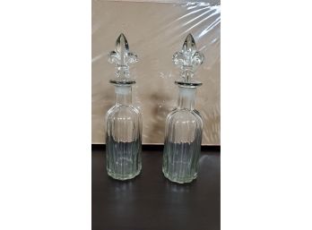 Two Vintage Clear Glass Decanters With Fleur De Lis Stoppers