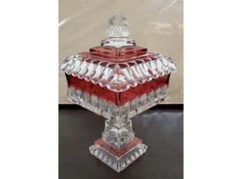 Vintage 1950s Ruby Flashed Compote With Pedestal & Lid - Kings Crown  Thumbprint  Anchor Hocking