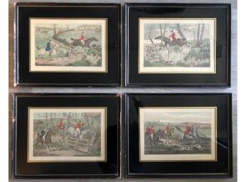 Lot Of Four Vintage English Fox Hunt Hound Prints Professionally Framed In NYC Titled: '  Hunting Incidents'