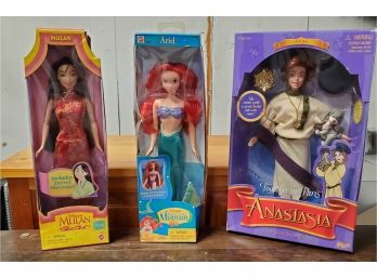 Lot Of Three (3) Dolls - 2 Disney Mulan & Ariel. Plus A 20th Century Fox Productions - Anastasia & Pooka Dog