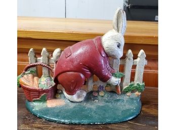 Painted Cast Iron Door Stop Of The Easter Bunny Picking Carrots In The Garden - Peter Cottontail