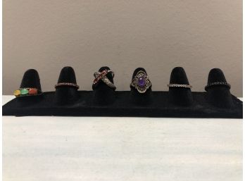 Lot Of Six Sterling Silver Rings With Gemstones & Crystals