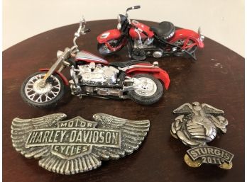 Vintage Bronze Harley Davidson Belt Buckle, Sturgis 2011 Pin, And Two Toy Harleys