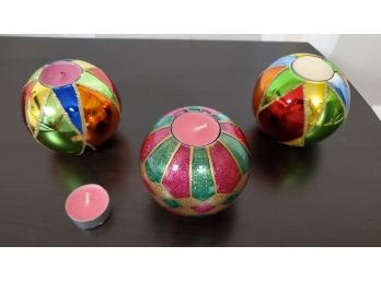 Three Colorful Globe Tealight- Candle Holders  - 3 Of The 4 Candles Are New/ Unused.