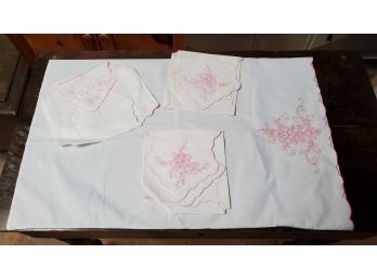Vintage Hand- Made Linens - Napkins - & A Pillow Case Embroidered With Colorful Pink Flowers