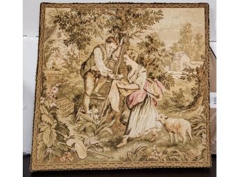 Framed Vintage French Tapestry - Couple Picking Pears In The Orchard - Beautiful Accents- Sheep, Watermill,