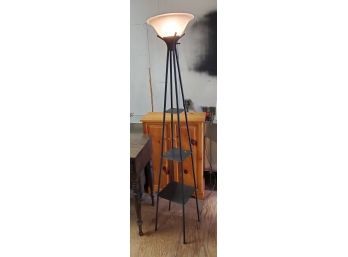 MCM Metal Tower Floor Lamp With Three Shelves With Embedded Stripes In The Glass Shade