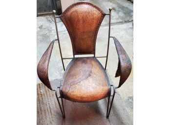 Rare Form - Antique Leather Upholstered Metal Frame Chair. Leather Cushions Need Updating