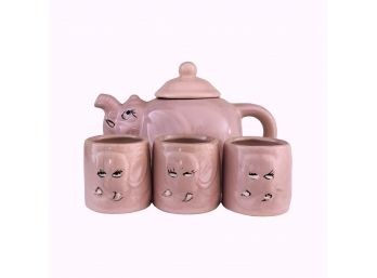 1950s Vintage Elephant Teapot - Pink Teapot With Three Glasses