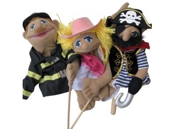 Lot Of Three Melissa & Doug Hand Puppet With Sticks - Sally Sidesaddle Cowgirl , Fireman, And Pirate