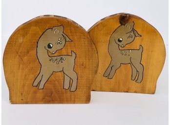 Two Vintage Painted Wooden Bookends - Baby Deer