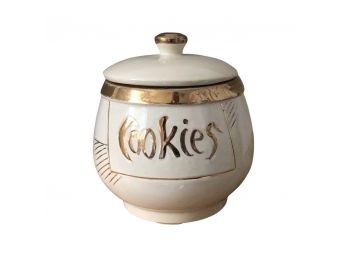 Mid Century Modern Cookie Jar - Cream With Gold Letters