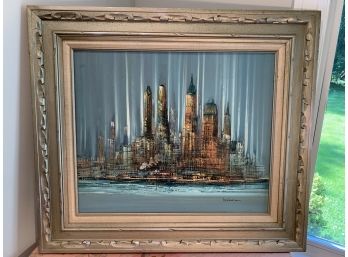 Henderson Signed Mid Century City Scape Oil On Canvas