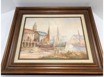 Nautical Oil On Canvas Depicting Boats