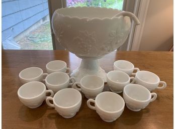 Westmoreland Milk Glass Punch Bowl With Base, 11 Cups, Ladle