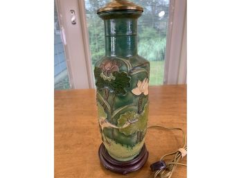 Vintage Chinese Pottery Lamp With Water Lilies And Crane