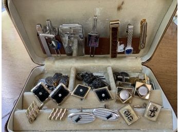 A Large Assortment Of Vintage Men's Cuff Links, Tie Clips And Belt Clip With Knives