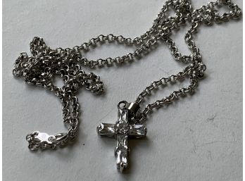 Sterling Silver & Crystal Cross With 24' Sterling Chain