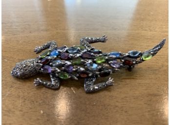 Sterling Silver Marcasite & Jeweled Lizard Brooch
