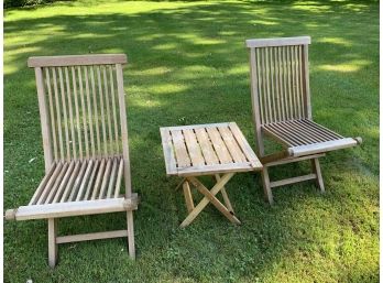 Two Teak Deck Folding Chairs & A Side Table