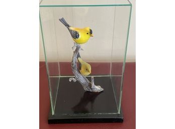 Glass Enclosed Hand Carved Goldfinch Birds On Perch Signed On Bottom