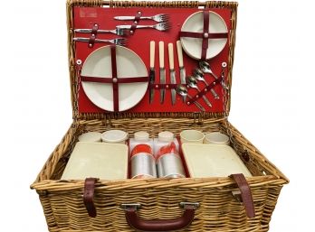 Vintage Brexton Picnic Basket For Four With Two Unopened Thermos Containers