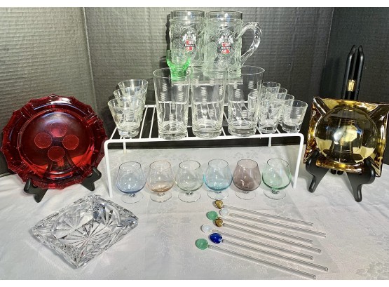 MCM Barware, Ashtrays- Colored Mini Brandy Snifters, 7 Glass Cocktail Stirrers-spoons, Beck's Beer Mugs