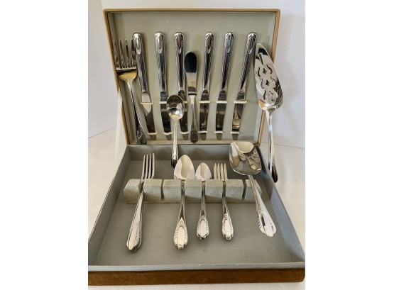 29 Piece Art Deco Design Service For 6 N.S. Company Stainless Steel Flatware Set In Original Suede Cloth Case