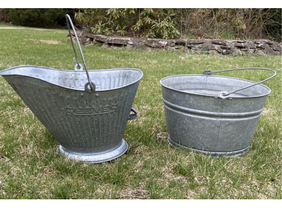 Antique Reeves 17 Galvanized Coal Bucket 9' H And Galvanized Bucket 14 In. X 8 In. Height