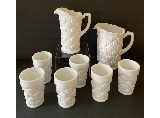 Westmoreland Quilt Pattern 2 Pitchers And 6 Glasses Milk Glass Set